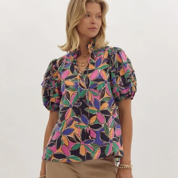 entro Tops - Entro Floral Print Short Puff Sleeve Tiered Detail Blouse In Multi Size Medium